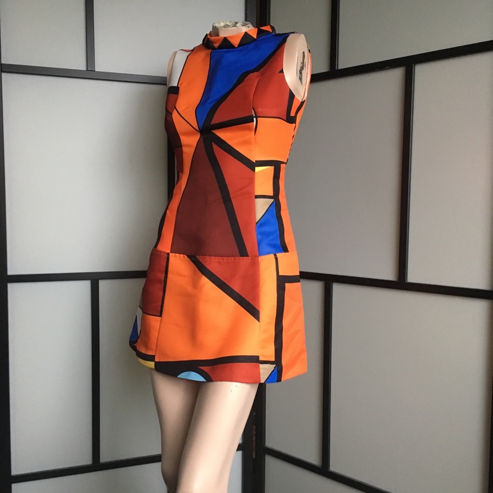 Bold Geo-Print Mini Dress in Orange and Blue
